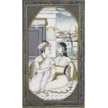 19th Century Indian watercolour on mica, study of a lady and gentleman on a pavilion terrace 11cm