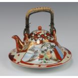 A Japanese Kutani style saki kettle decorated with panels of figures 10cm