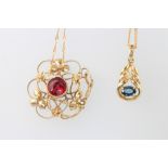 Two 9ct yellow gold chains with garnet and sapphire set pendants, 6.5 grams gross