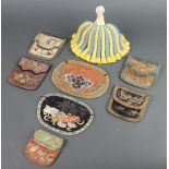 Seven Chinese embroidered purses and a knitted tea caddy