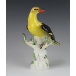 A 19th Century Meissen figure of an exotic bird standing on a tree trunk 24cm Some leaves are