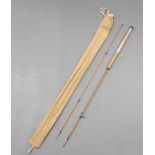 An Allcocks light caster 7'6" two piece split cane spinning fishing rod in original cloth bag