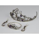 A silver and hardstone set tiarra, bangle and earrings, 90 grams