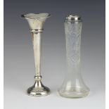 An Edwardian silver tapered posy vase Birmingham 1909, 21cm, together with a silver mounted vase