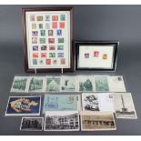 31 various German stamps framed, 3 other framed German stamps, 13 postcards etc