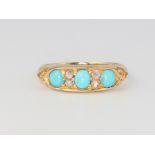 A Victorian yellow metal turquoise and diamond ring, 3.4 grams, size M 1/2