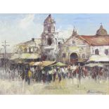 Cesar Buenaventura 1964 (1919-1983), oil on board, signed and dated, Continental market scene with