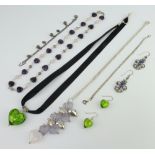 A silver hardstone necklace, 2 others, a bracelet, earrings and pendant