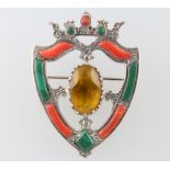 A 925 standard Scottish style citrine and hardstone shield brooch 5cm