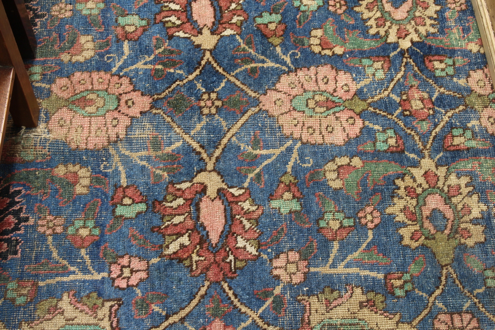 A blue, pink and green ground Persian carpet with all over floral design 387cm x 263cm Heavily - Image 4 of 6