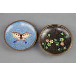 A Chinese black ground and floral patterned cloisonne enamelled dish 9cm, ditto blue decorated a