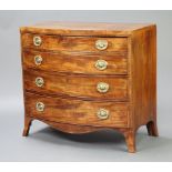 A Georgian crossbanded mahogany inlaid satinwood bow front chest of 4 long graduated drawers, raised