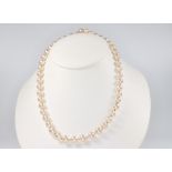 A single strand of cultured pearls with a 14ct yellow gold jade set clasp 58cm