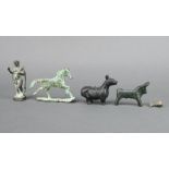 A verdigris bronze figure of a standing Roman 9cm, ditto running horse 8cm x 10cm x 2cm, bronze