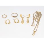 Two pairs of 9ct yellow gold earrings, 1 earring, a necklace with pendant and a ring 9.5 grams