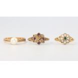Two 18ct yellow gold gem set rings size L and O, 6 grams and a yellow metal ring size H 1.8 grams