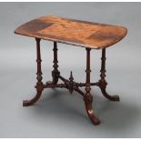 A Victorian oval inlaid mahogany chess table, raised on 4 turned and fluted columns with X framed