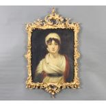 Naive oil on board unsigned, study of a young lady wearing pearl necklaces, inscribed en verso