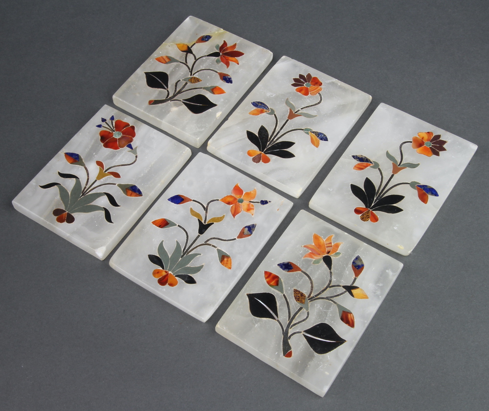 Six Indian rectangular specimen marble coasters with floral decoration 10cm x 7.5cm 1 coaster is