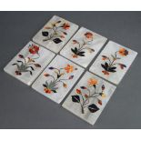 Six Indian rectangular specimen marble coasters with floral decoration 10cm x 7.5cm 1 coaster is