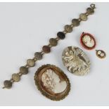 A Victorian gilt carved lava portrait bracelet together with 3 cameos and a pendant