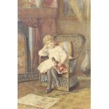 Edwardian watercolour unsigned, study of a seated girl with doll in a wicker chair before a fire