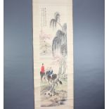 Chinese, early 20th Century hanging scroll, pen and wash depicting two figures on oxen, one