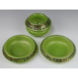 A stylish Art Deco green glass bowl with overhung lip decorated with a band of fruits 17cm, 2