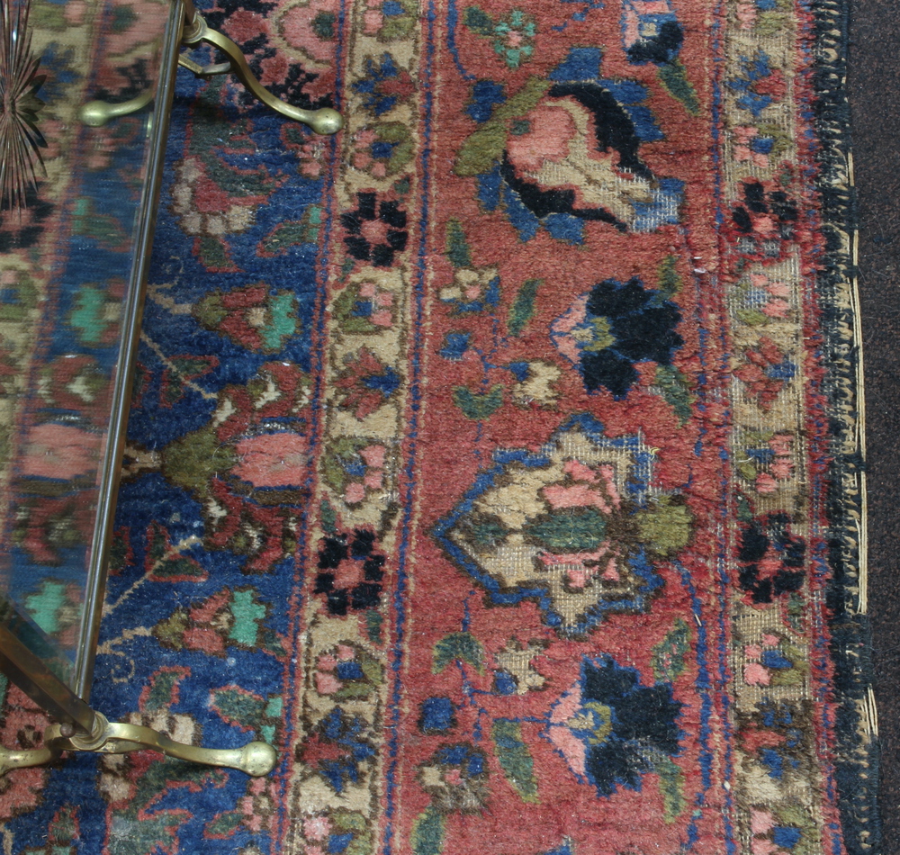 A blue, pink and green ground Persian carpet with all over floral design 387cm x 263cm Heavily - Image 3 of 6