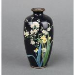 A black ground cloisonne enamel vase with floral decoration, the base with leaf signature mark
