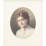 A Victorian watercolour drawing, head and shoulders portrait of a young girl 29cm oval