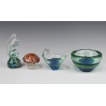 A Mdina ashtray 13cm, a horse ornament 15cm, a scroll dish 4cm and a Studio Glass toadstool
