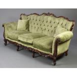 A Victorian French style mahogany show frame 3 piece settee suite comprising 3 seat settee 92cm h