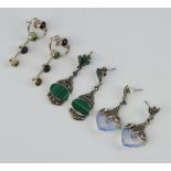 A pair of silver and malachite earrings, 2 other pairs