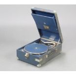 A His Master's Voice portable gramophone in a blue fibre case marked under the turntable LBIOIJ