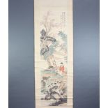 Chinese, early 20th Century hanging scroll, pen and wash depicting a seated goat herder with goat