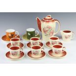 An Art Deco Susie Cooper coffee set comprising coffee pot, 6 cups, 6 saucers, milk jug decorated