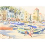 Harry Arthur Riley, (1895-1966), watercolour, Continental street scene with fishing boats and