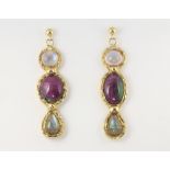 A pair of yellow metal drop earrings set with moonstones and hard stones 19.7 grams, 42mm