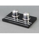 An Art Deco chrome and black glass 2 bottle inkwell, the base incorporating a pen tray 5cm h x