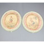 19th Century oval tapestries of a country girl and boy, contained in carved floral oval