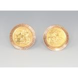 A pair of half sovereign cufflinks 1908 and 1915, contained in yellow metal 10 gram mounts