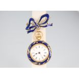 A lady's 18ct yellow gold and blue guilloche enamel diamond set fob watch with similar bow,