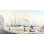 Chris Golds (19)81, oil on canvas signed, Victorian harbour scene with vessels 49cm x 90cm