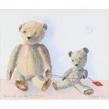 Elizabeth Parr, watercolour signed, study of 2 toy bears "Your Five, You have to Go to School"