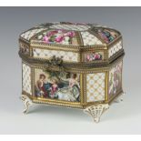 A modern Limoges octagonal trinket box decorated with panels of figures and flowers with gilt
