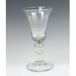 A 1937 Edward VIII Coronation trumpet glass with coin stem, engraved 23cm