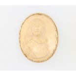 A yellow metal mounted carved lava portrait brooch of a gentleman 55mm x 45mm