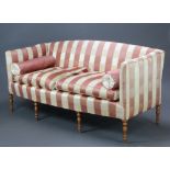 A 19th Century 3 seat sofa upholstered in red and white striped material, raised on turned
