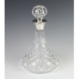 A cut glass ships decanter with silver collar, Birmingham 1973, 28cm